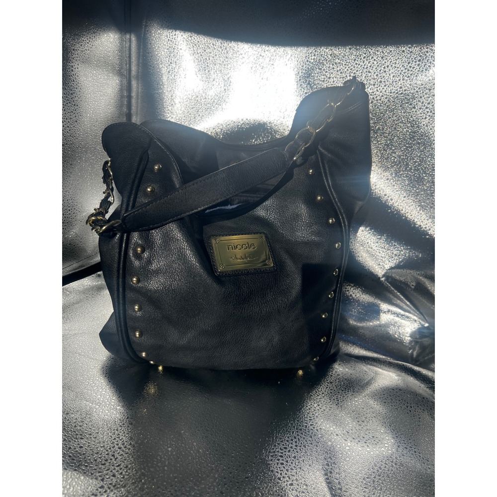 Nicole by Nicole Miller Black Studded Hobo Bag Gold Hardware Shoulder Purse
